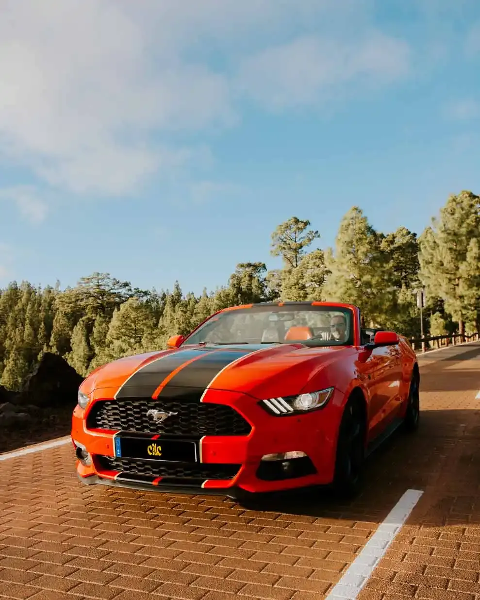 Red Ford Mustang convertible from the fleet on a road in Tenerife